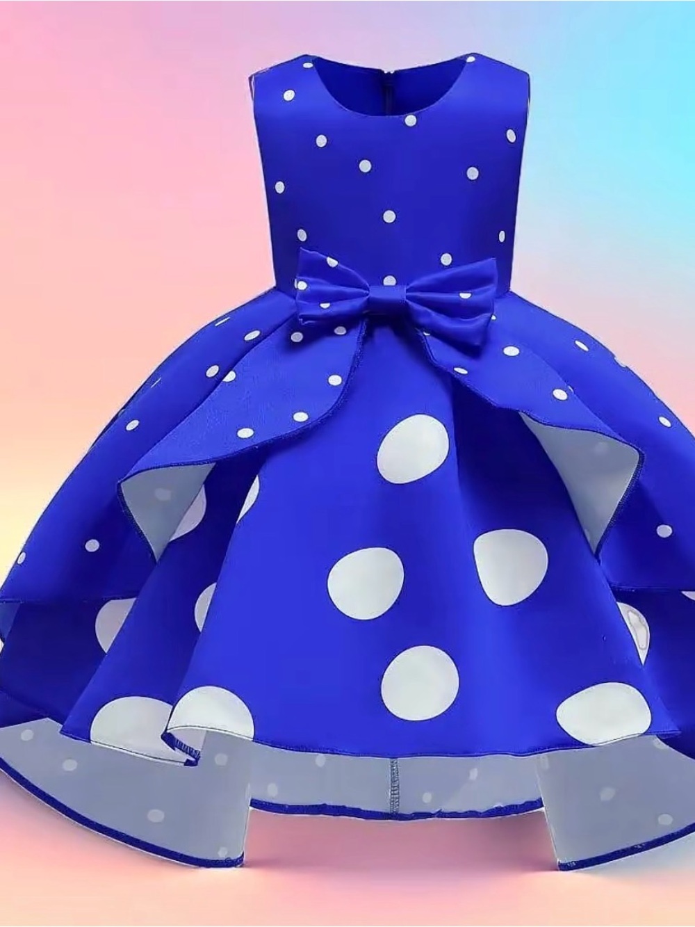 Girls Royal Blue Polka Dot Party Dress with Bow